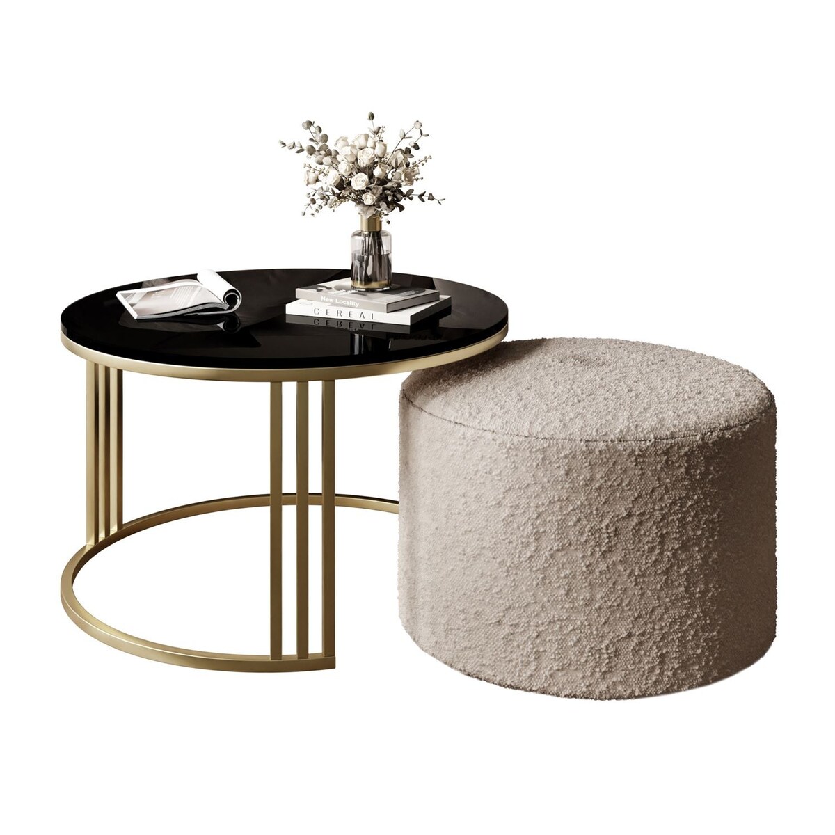 Stolik kawowy z pufą LORI POŁYSK złoto szczotkowane, czarny / Coral 50