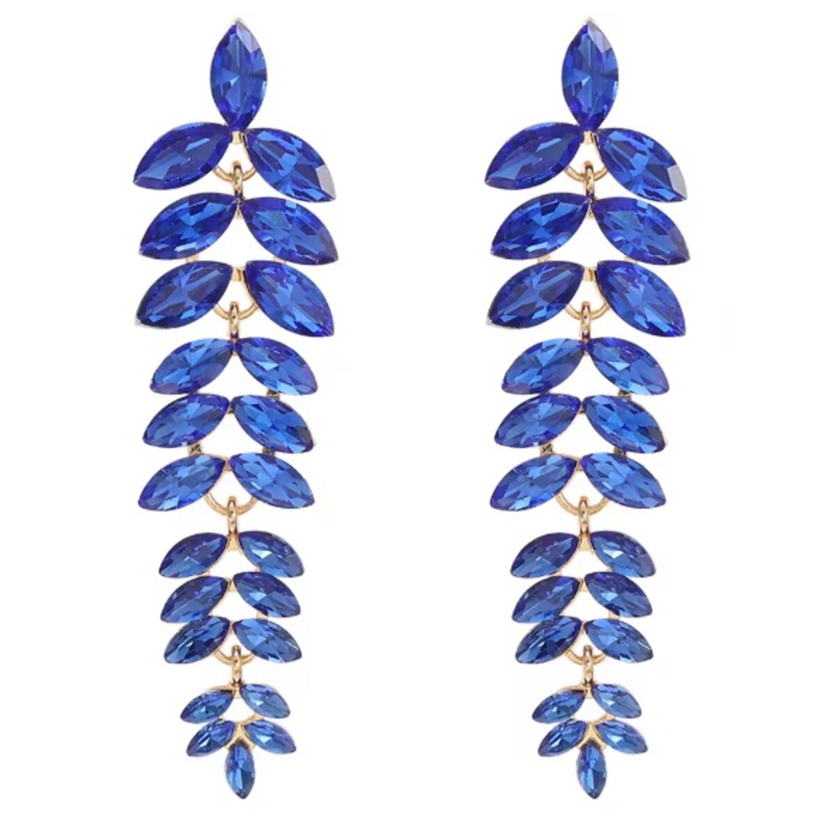 Kolczyki niebieskie listki długie z cyrkoniami w złotej oprawie