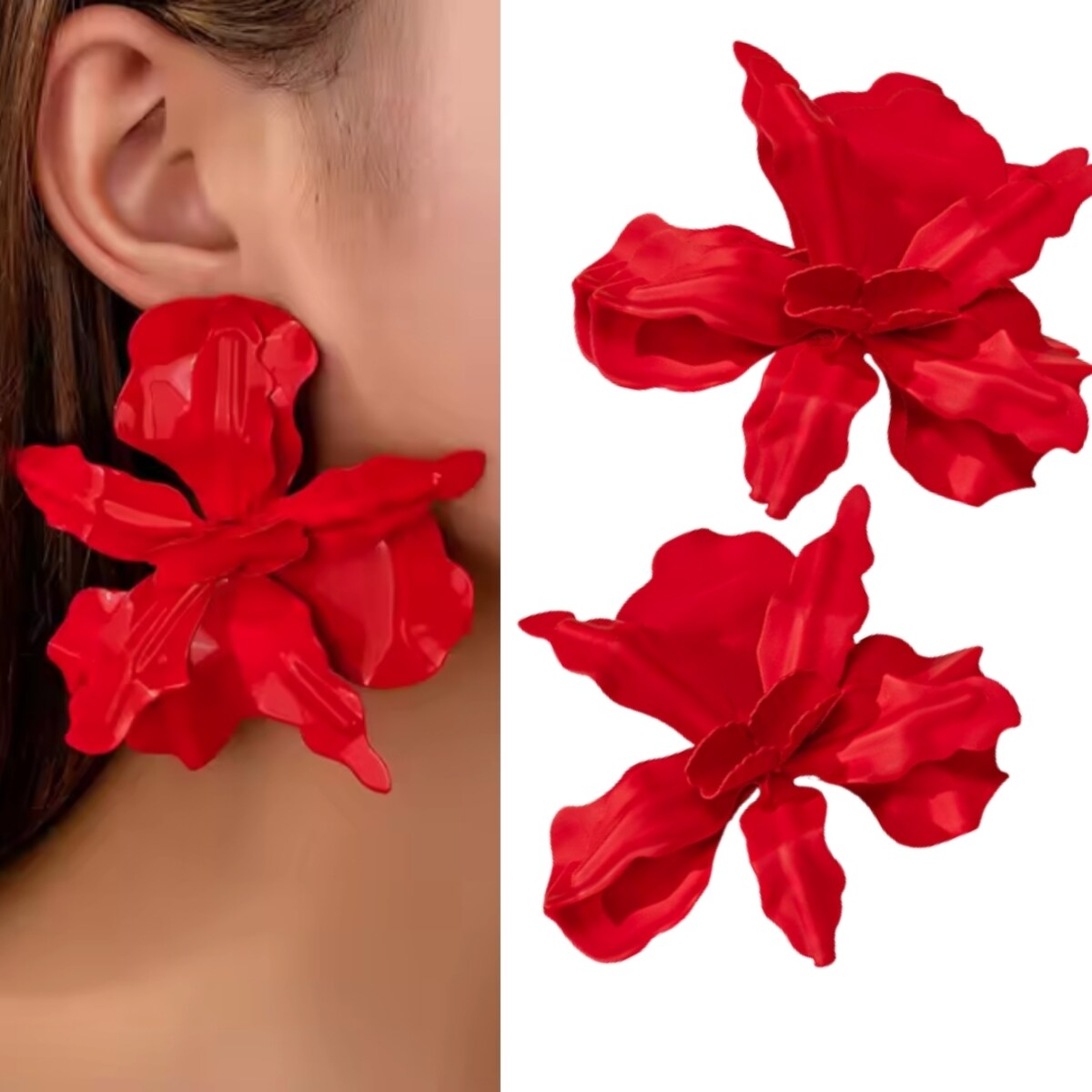 CZERWONE żywe kolczyki kwiaty duże mat METALOWE efektowna biżuteria wesele