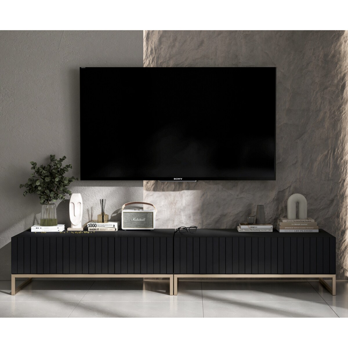 Nowoczesna Szafka RTV Glamour Komoda RTV Ryflowane fronty Czarny Mat 220 cm