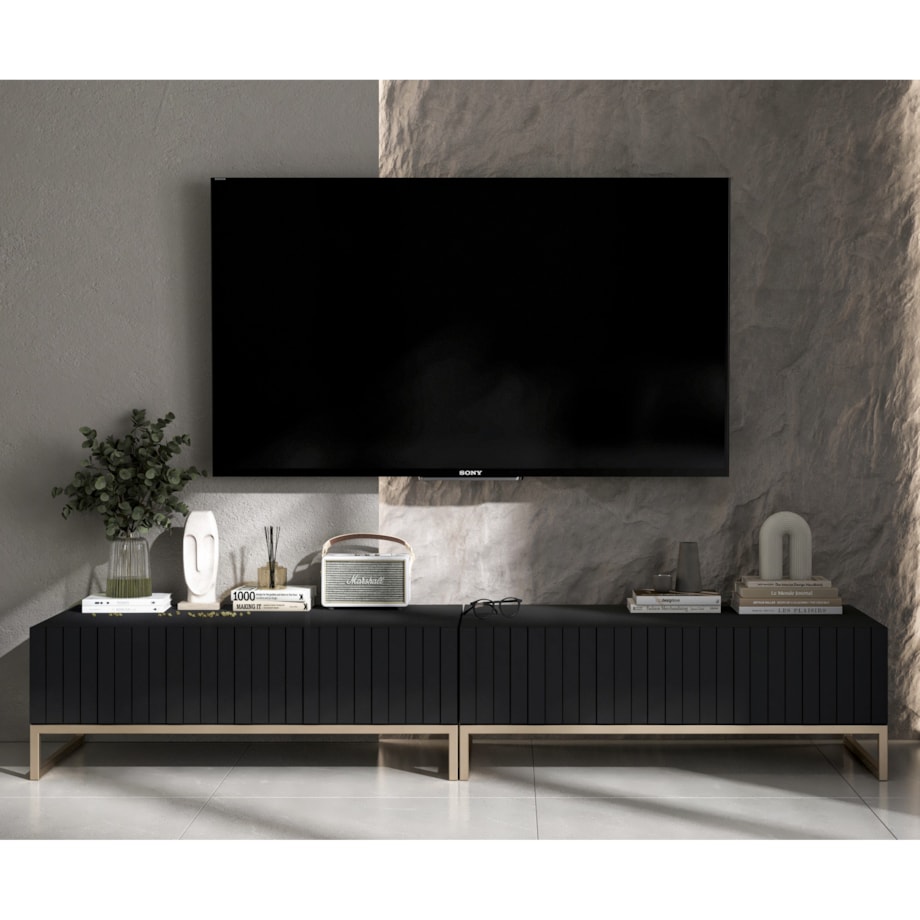 Nowoczesna Szafka RTV Glamour Komoda RTV Ryflowane fronty Czarny Mat 220 cm