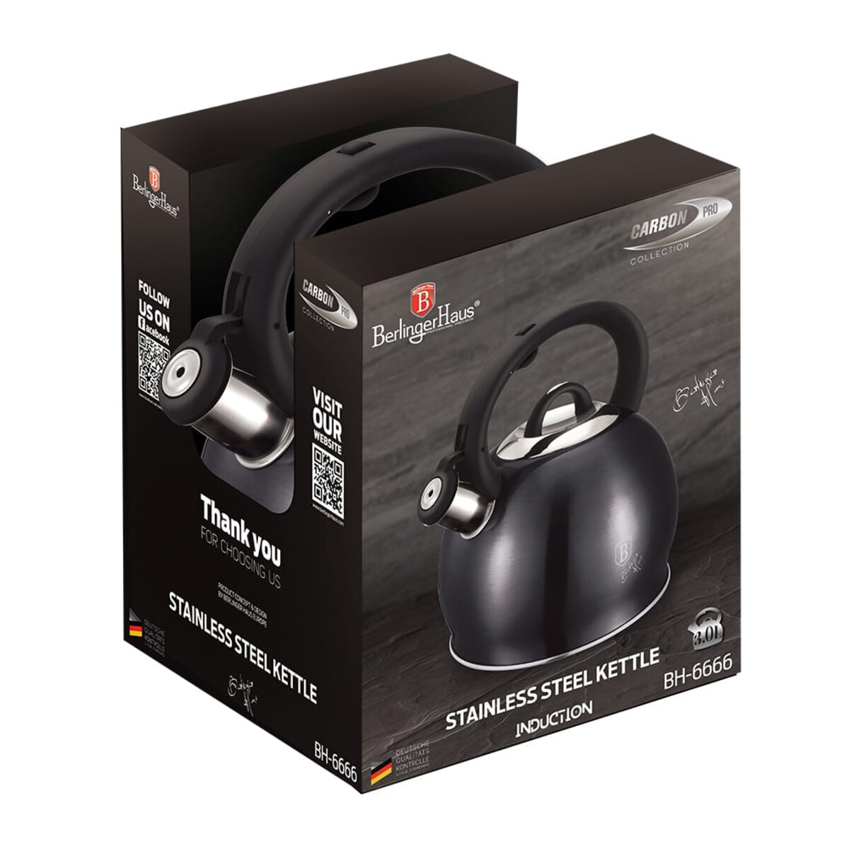 Czajnik stalowy z gwizdkiem 3.0L indukcja BERLINGER HAUS Carbon Pro