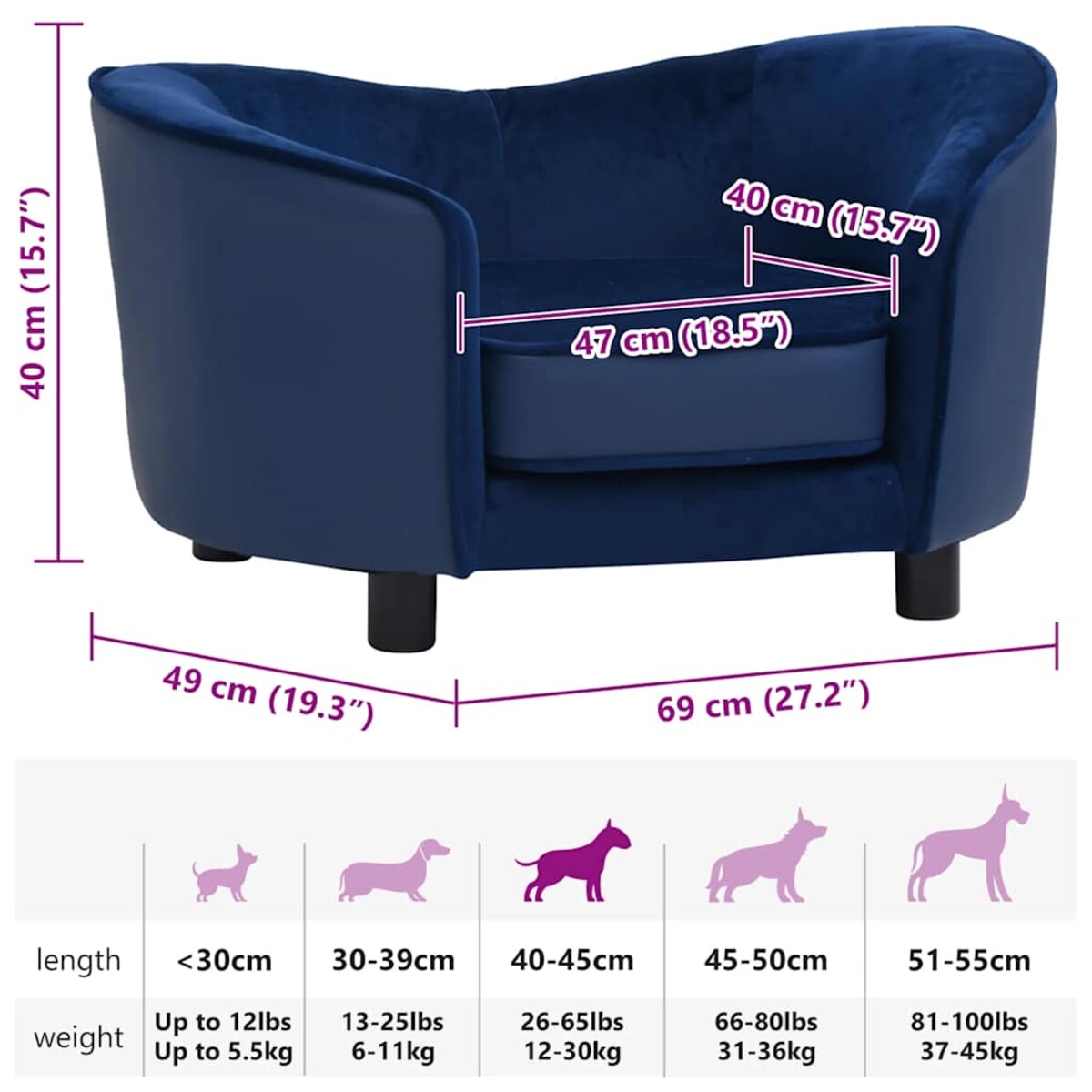 vidaXL Sofa dla psa, niebieska, 69x49x40 cm, plusz i sztuczna skóra