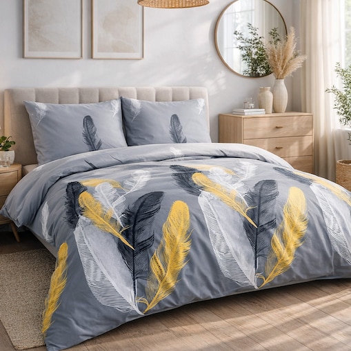 Pościel satyna bawełniana 180x200 Fevola białe i złote pióra na szarym tle, Satynlove