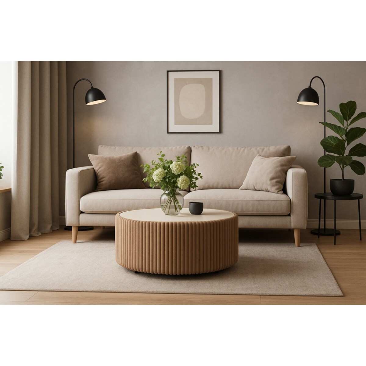 Stolik okrągły kawowy tapicerowany MIJA w tkaninie Tilia, jasno-brązowy