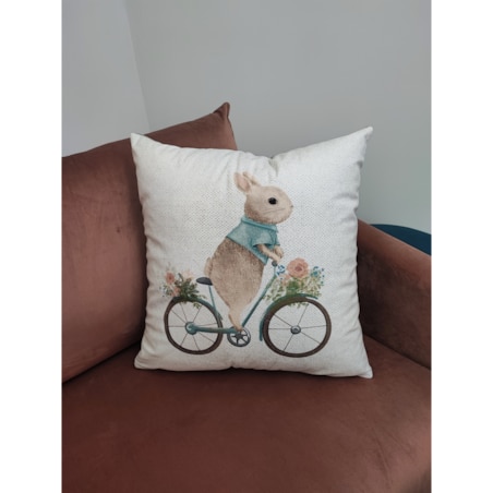 Wielkanocna poszewka dekoracyjna z weluru 45x45 Zajączek na rowerze