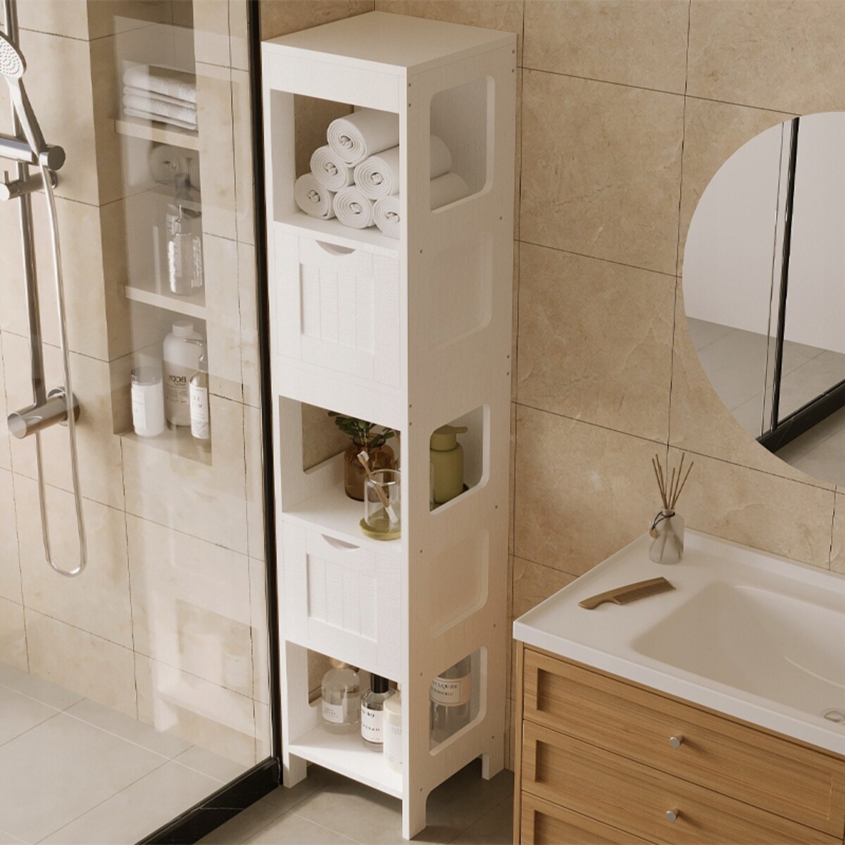 Szafka łazienkowa słupek szuflady biała wysoka półki nowoczesna loft 142 cm