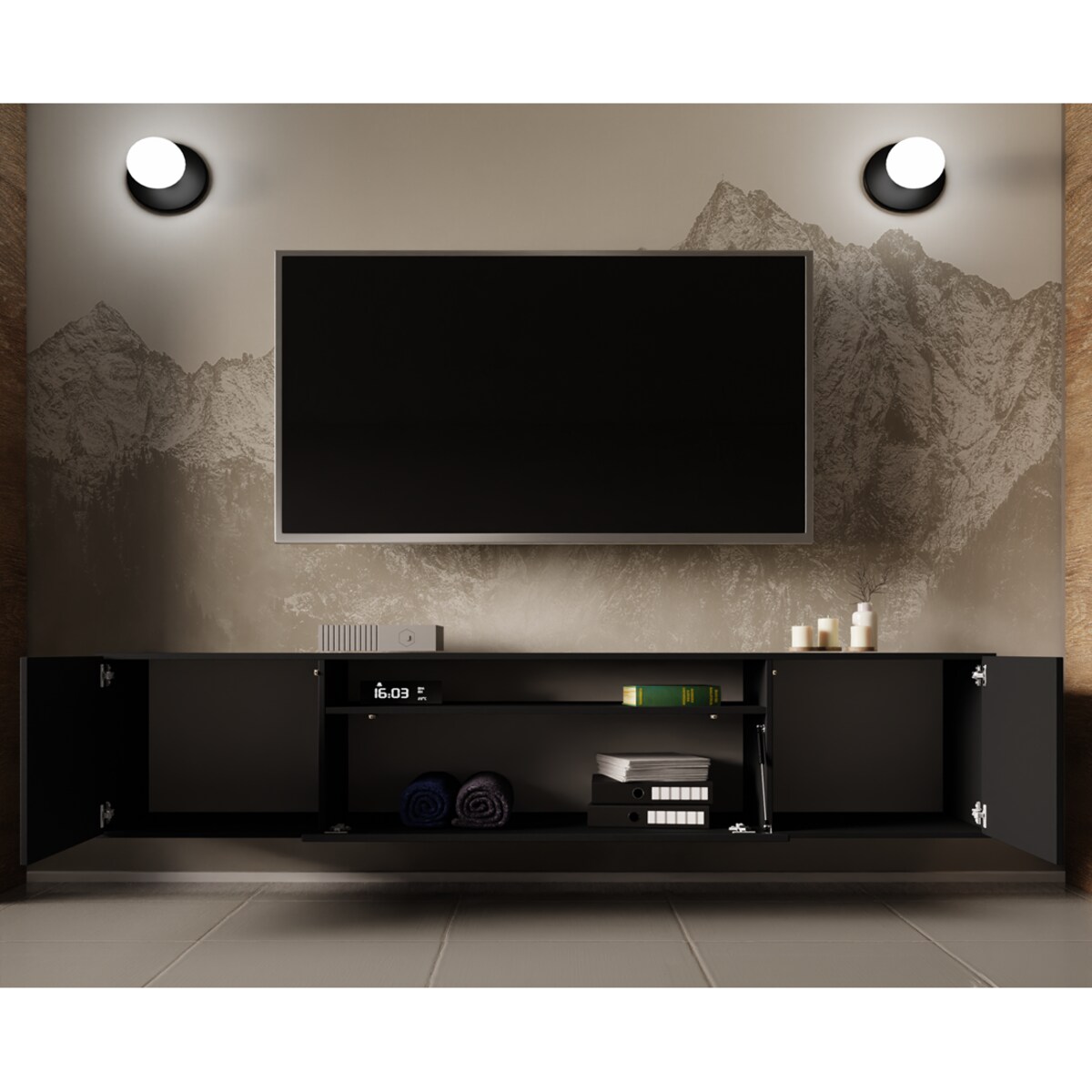 Szafka RTV LION 200cm wisząca, do pokoju gościnnego, proste fronty- czarny