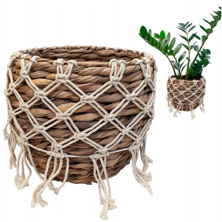 DONICZKA BOHO 28cm naturalna z makramą osłonka donica do salonu palmy