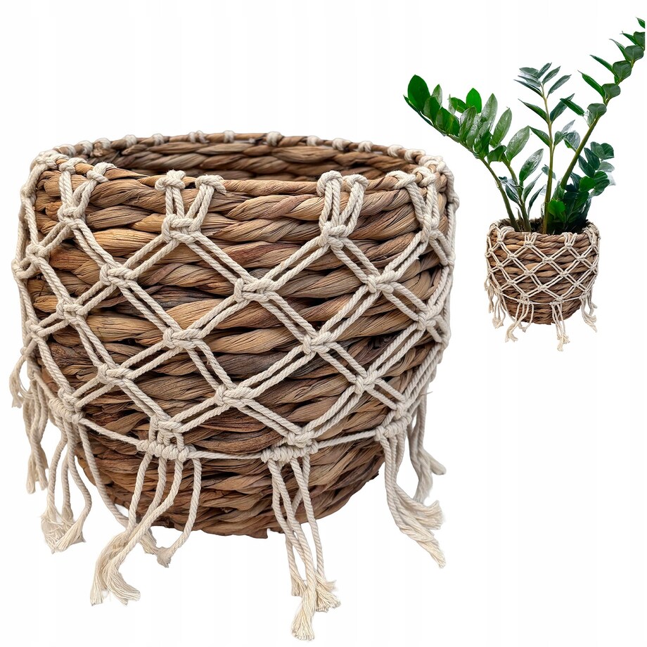 DONICZKA BOHO 28cm naturalna z makramą osłonka donica do salonu palmy