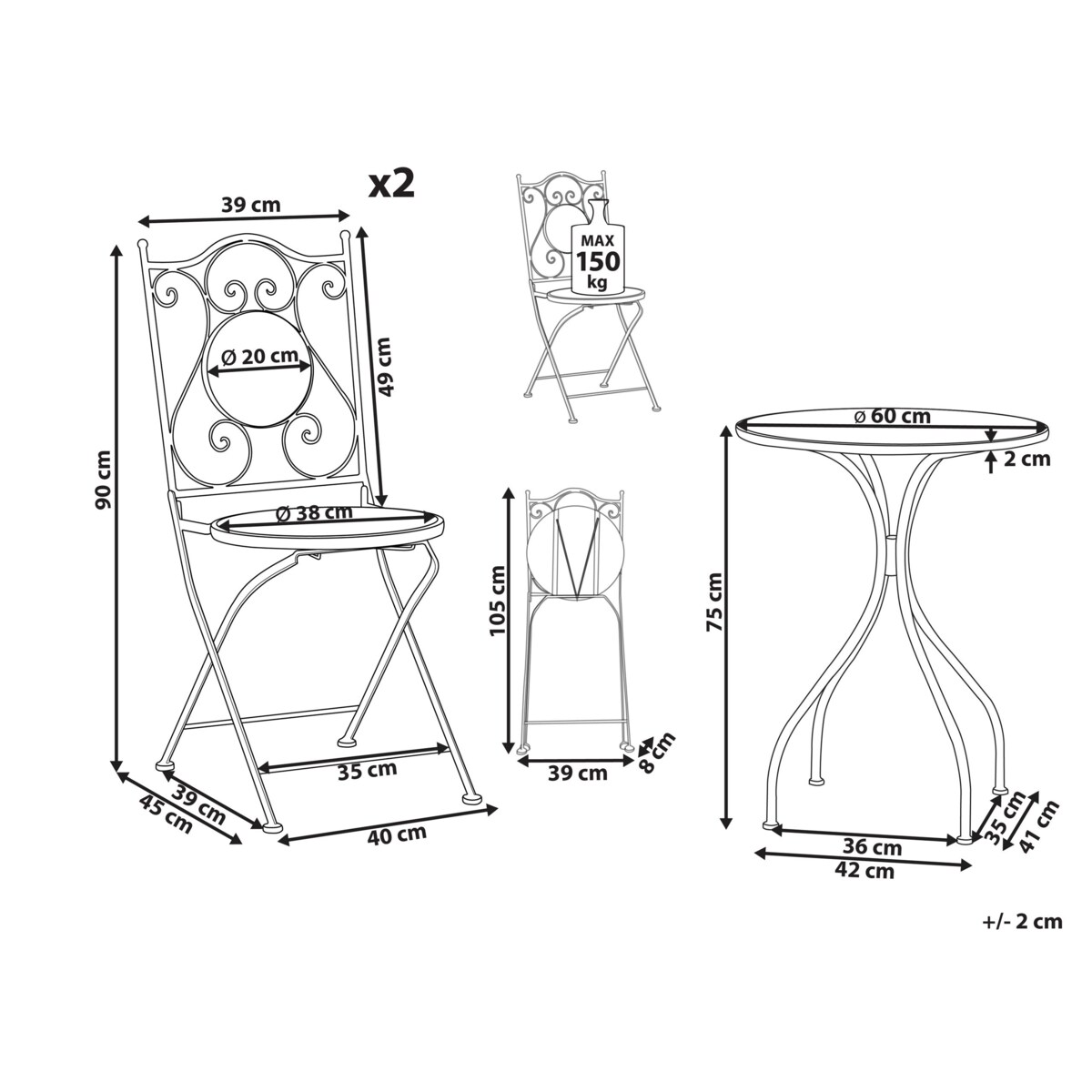 Zestaw mebli balkonowych Składane CIGLIANO Metal Czarny