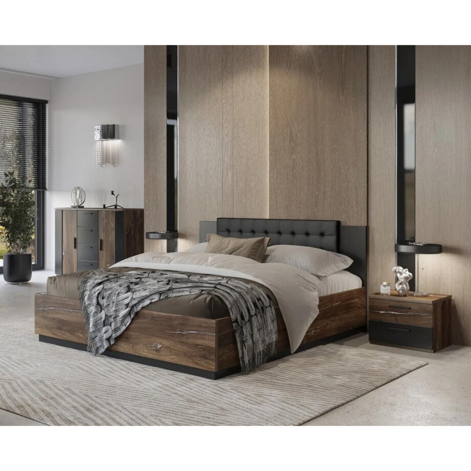 Łóżko SIGMA 180x200 dąb flagstaff srebrny/czarny mat z pojemnikiem