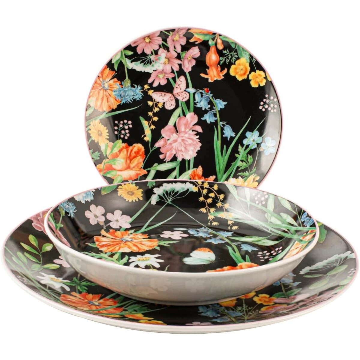 Serwis obiadowy Pengo H&H włoskie talerze na 6osób czarne w kwiaty porcelan