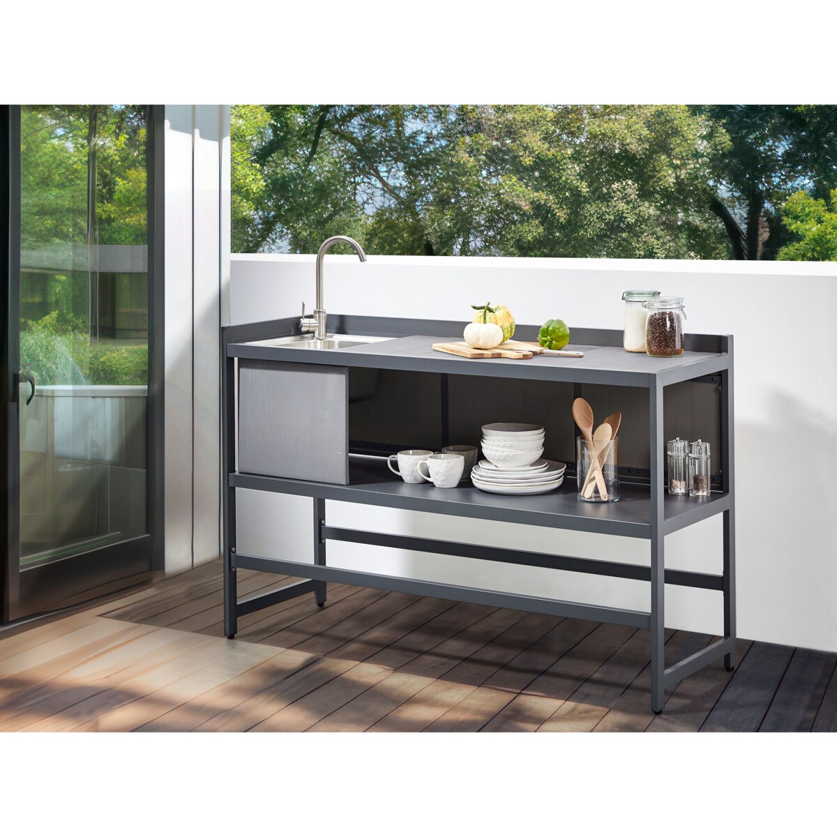 3 częściowa kuchnia ogrodowa szafka i wyspa ze zlewem szara ORTISEI