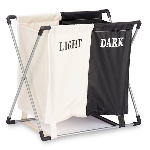 Składany kosz na pranie: dwie komory: czarne, białe, 56 x 60 x 34 cm