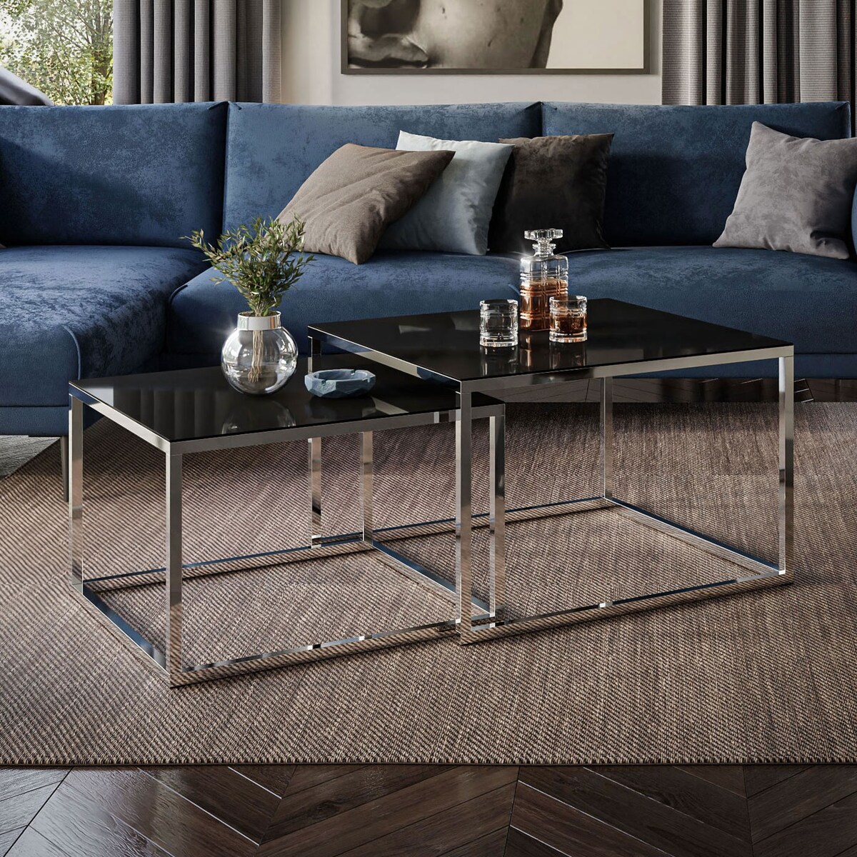 Ława 2w1 YOSHI chrom czarne szkło 39/45 cm