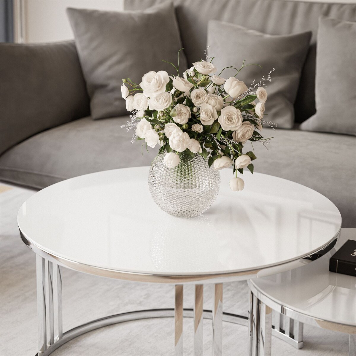 Stolik LORI 2w1 chrom białe szkło