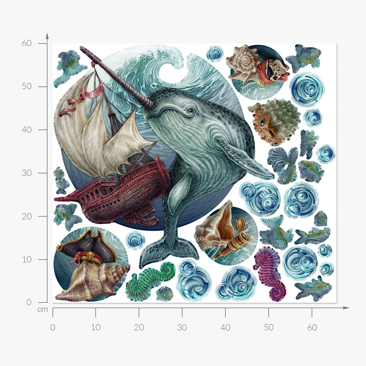 Zestaw naklejek na ścianę, Morskie zwierzęta, 60cm