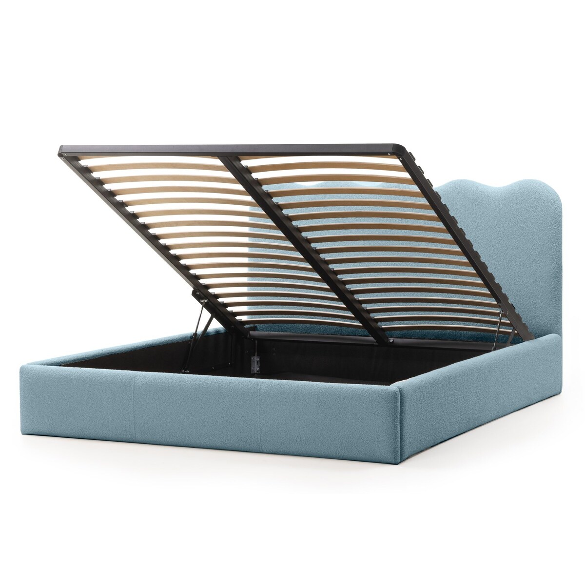 Łóżko 160x200 cm ze stelażem i pojemnikiem bouclé niebieskie