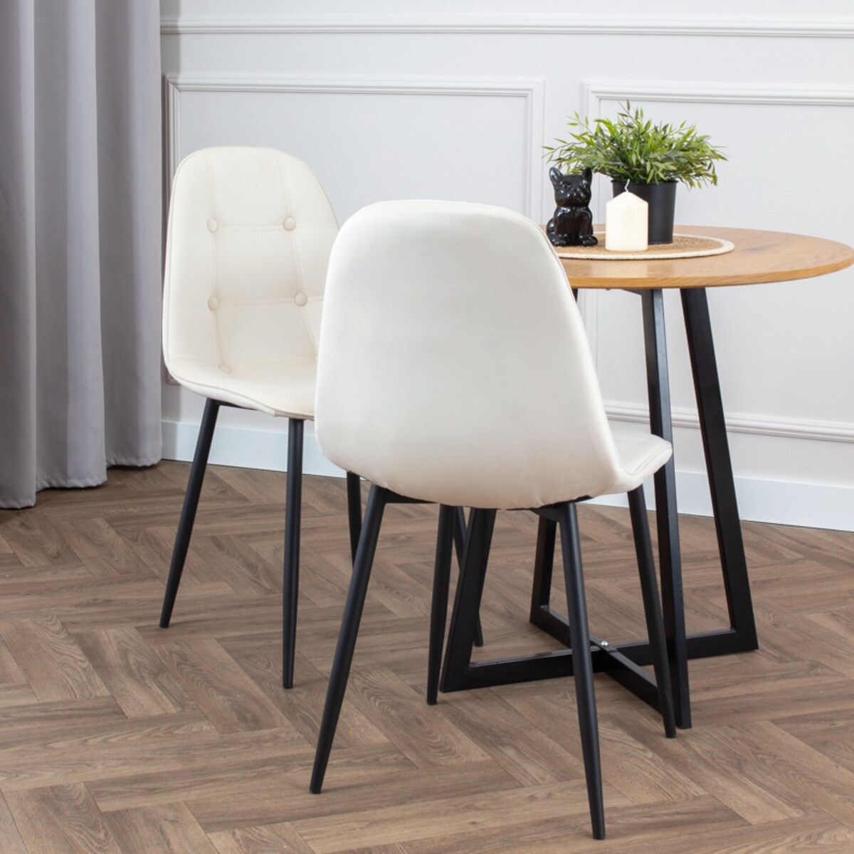 Krzesło tapicerowane welurowe do salonu jadalni guziki beżowe