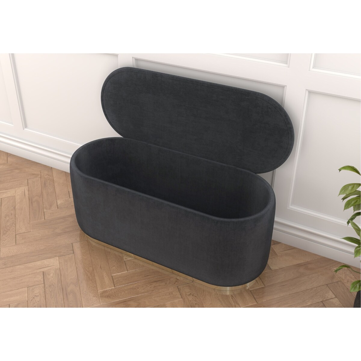 Tapicerowany owalny puf ze schowkiem Dancan SCARLETT na złotej podstawie / szer. 110 cm / szary