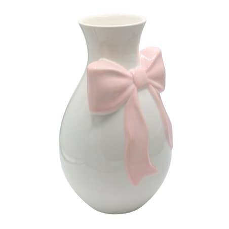 Wazon ceramiczny 29,4x17,5x17,5 cm biały z różową kokardą