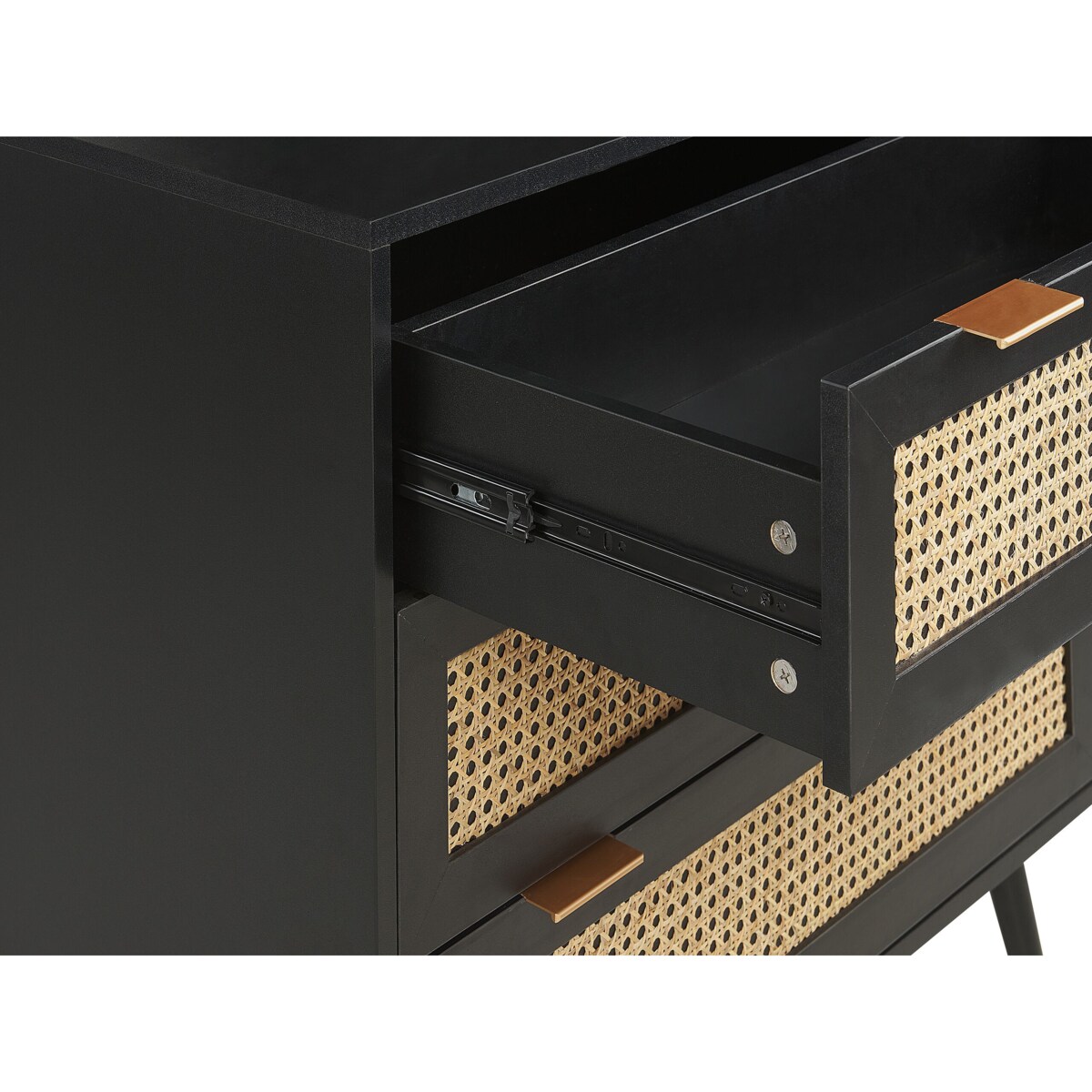 Komoda 3 szuflady fronty rattanowe czarna OPOCO