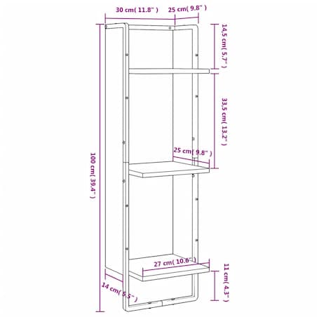 vidaXL Regał ścienny z 3 półkami, dąb sonoma, 30x25x100 cm