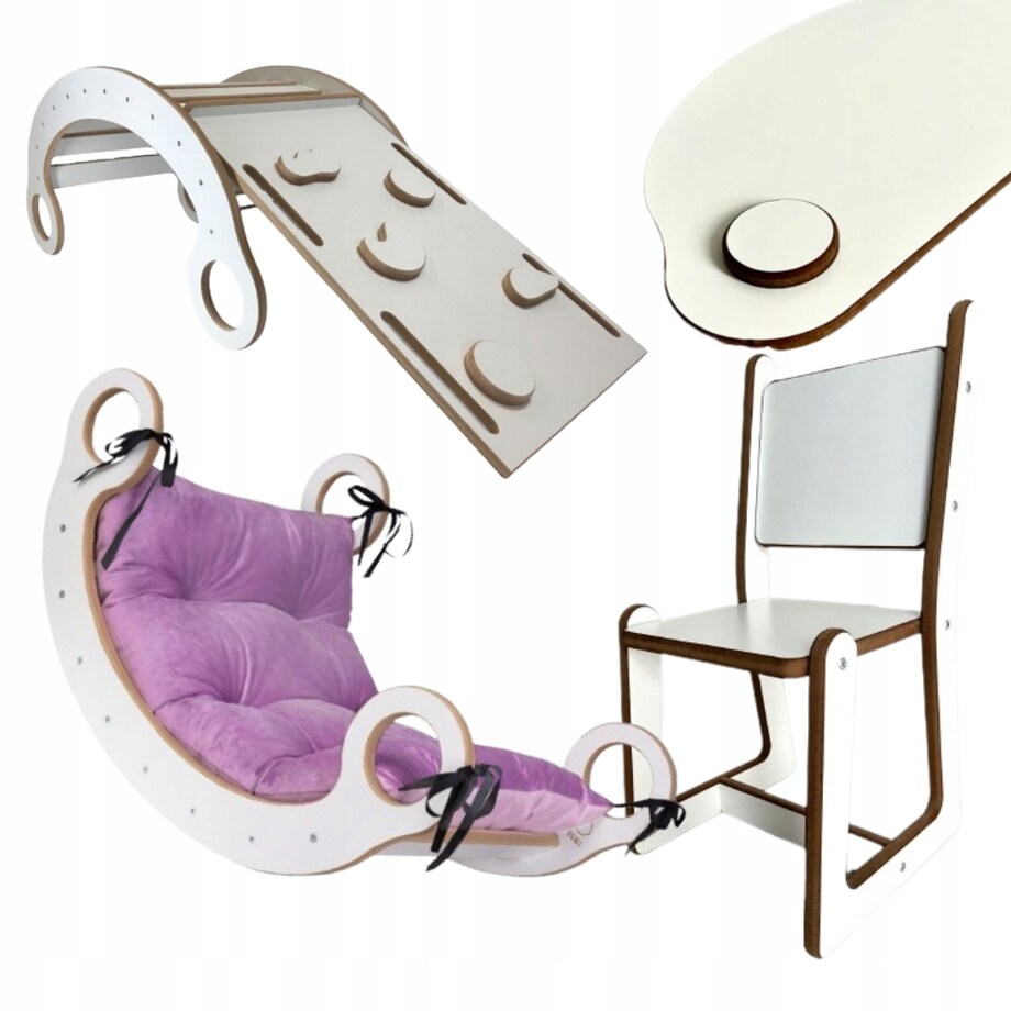 Zestaw BUJAK MONTESSORI Poduszka RÓŻ +Ścianka + Krzesło Blat Zjeżdżalnia CE