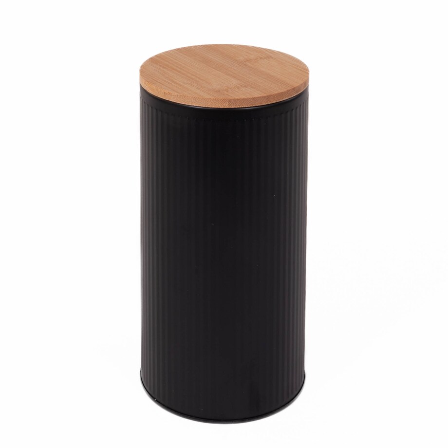 Pojemnik kuchenny czarny, metalowy, ze szczelną pokrywką z bambusa, 1,6 l