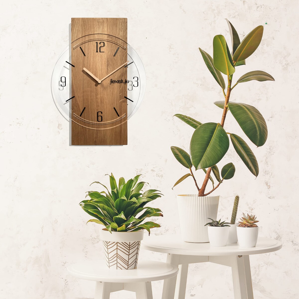 Drewniany zegar ścienny Geometric 40cm tarcza przezroczysta