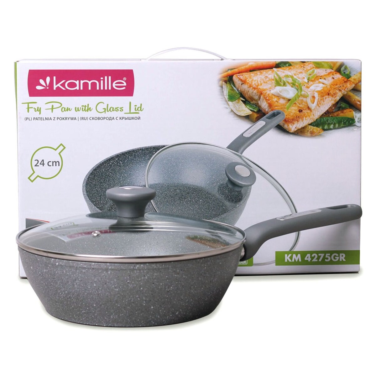 Patelnia głęboka wok granitowa 24cm z pokrywką indukcja KAMILLE
