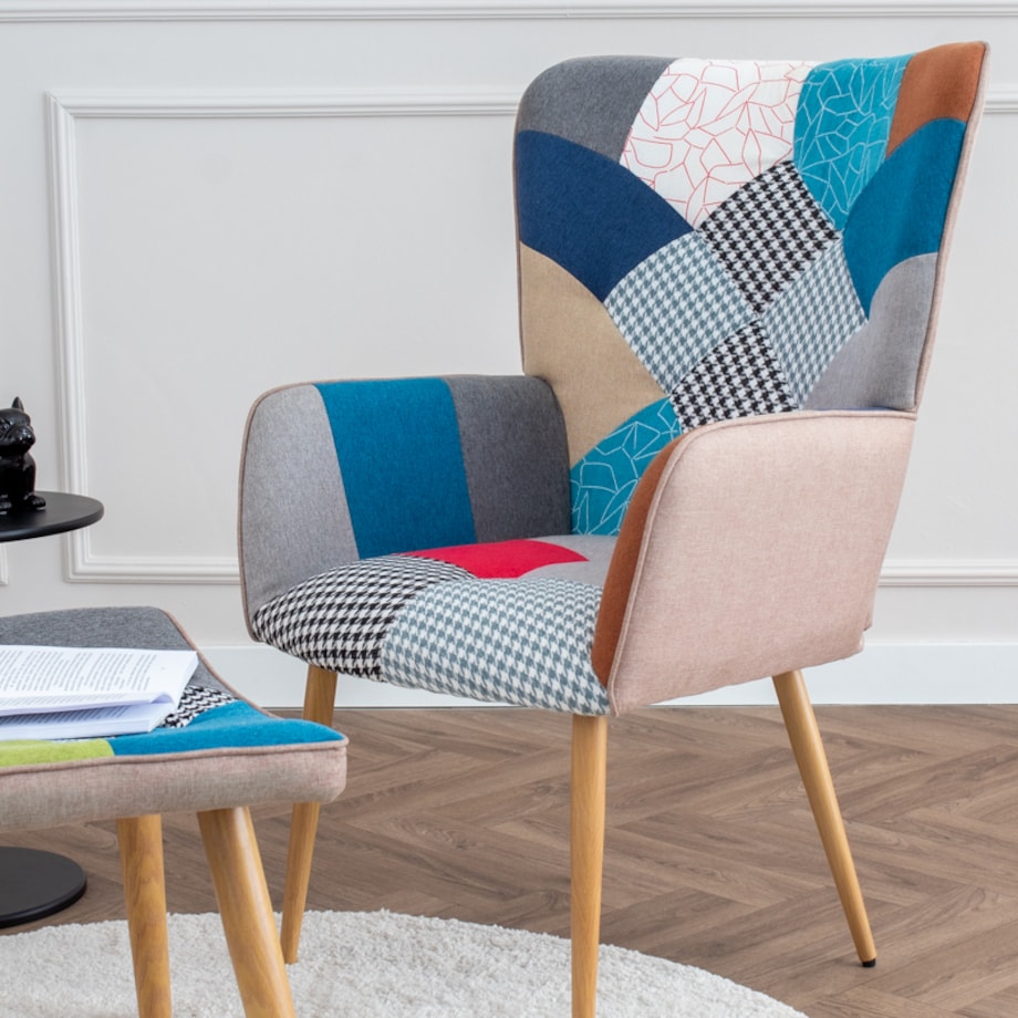 Fotel z podnóżkiem tapicerowanym wypoczynkowy patchwork do salonu wygodny