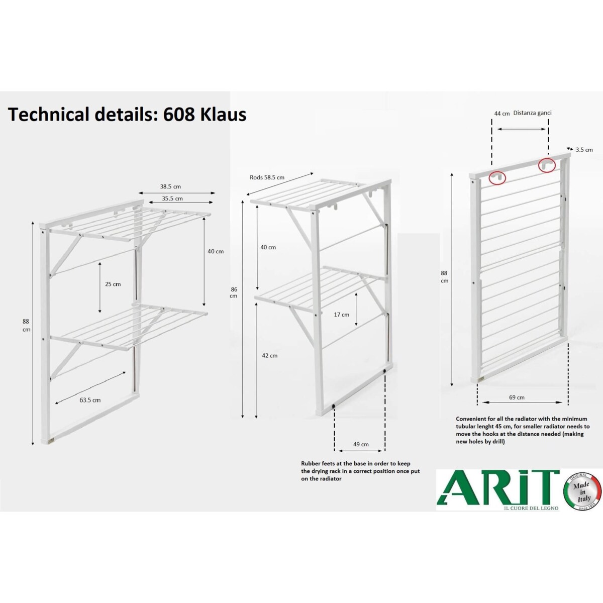 ARREDAMENTI KLAUS Suszarka na pranie na kaloryfer - 89 x 68 cm, Biały