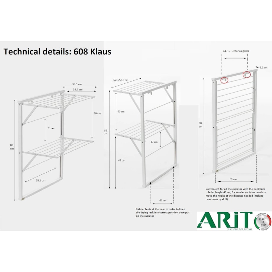 ARREDAMENTI KLAUS Suszarka na pranie na kaloryfer - 89 x 68 cm, Biały