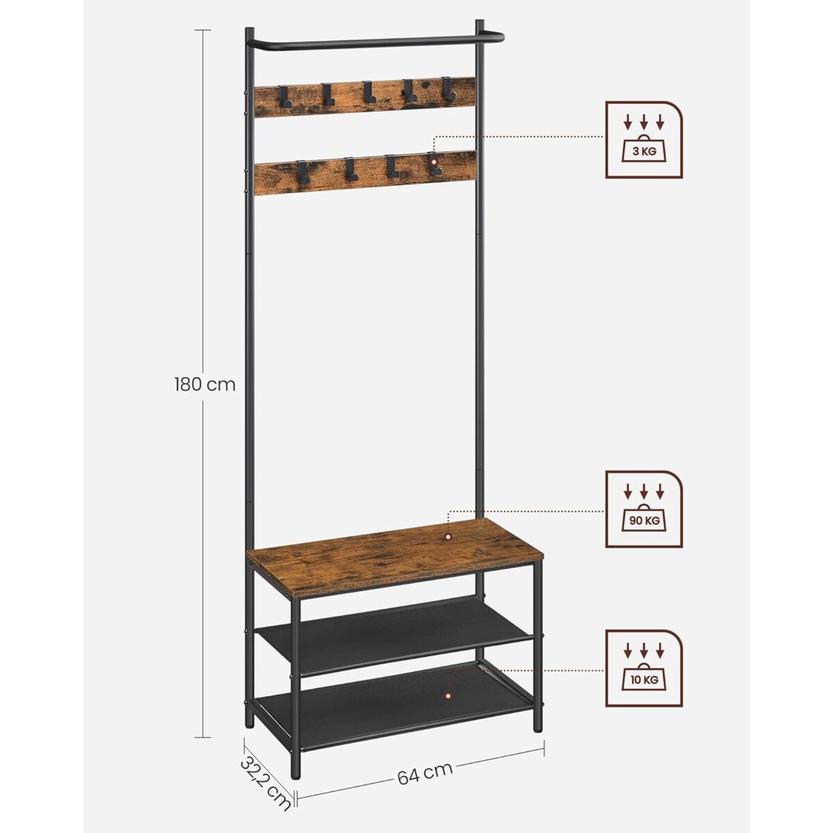 Wieszak Stojak Na Ubrania 64X32,2X180 Cm Rustykalny Brąz (Vintage), Czarny
