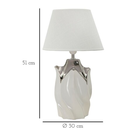 Lampa stołowa Shiney, kolor biały i srebrny, ceramika, żelazo i tkanina, 30 x 30 x 51 cm, 1 x E27, max. 40 W, do salonu i sypialni, Mauro Ferretti