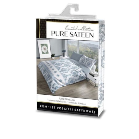 Pościel Satynowa 160x200 Pure Satin Mozaika Rozeta Niebieska Popiel