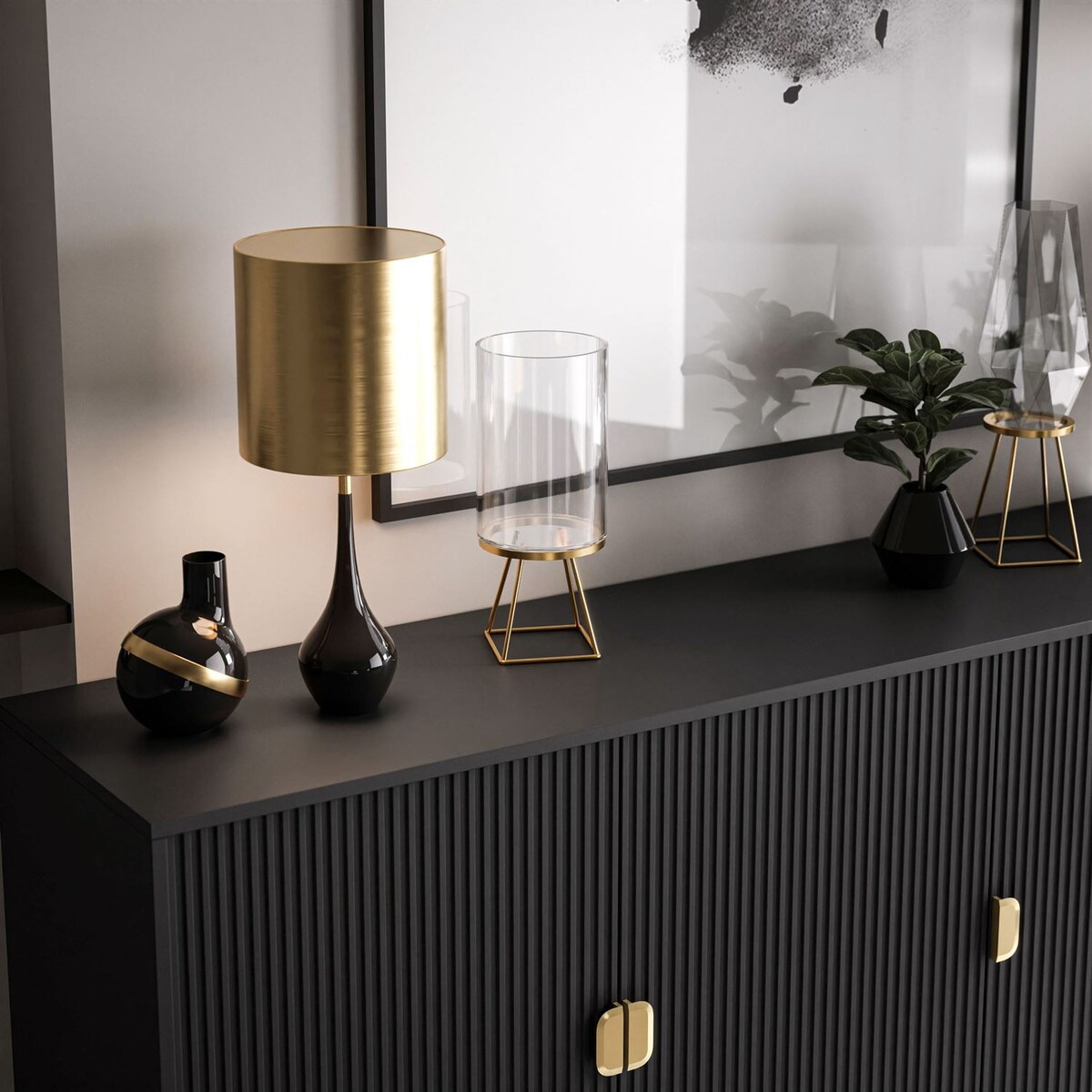 Komoda trzydrzwiowa DALIA 3D, czarna, nóżki czarne