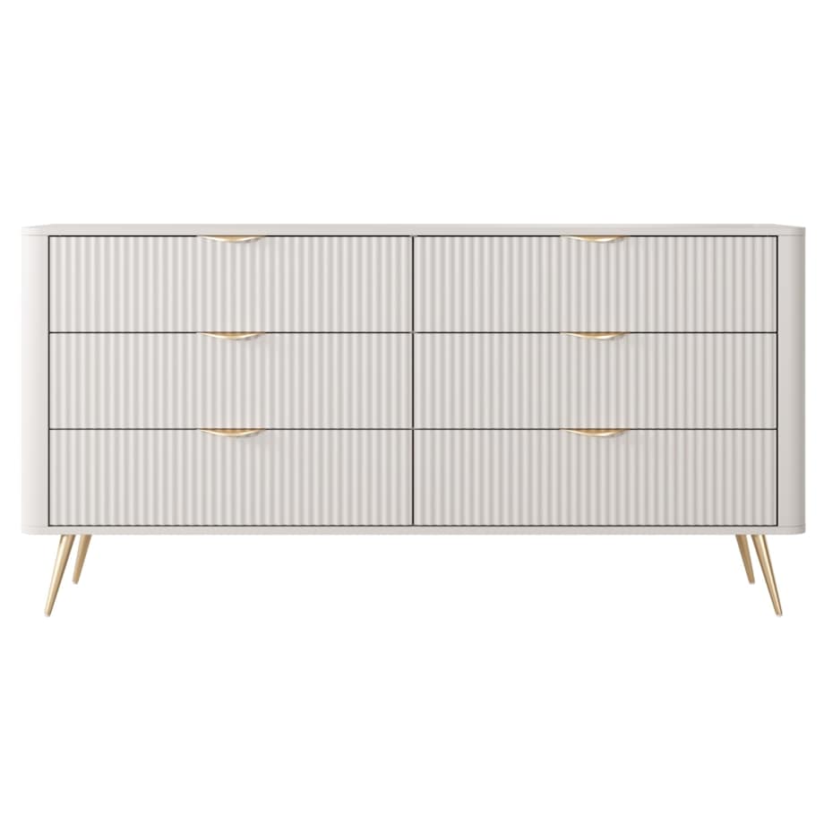 Komoda nowoczesna 6S LENA, ryflowana w kolorze beżowym na złotych nóżkach