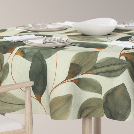 Obrus okrągły 130 x 130 cm brązowo-pomarańczowe liście na szarym lnianym tle