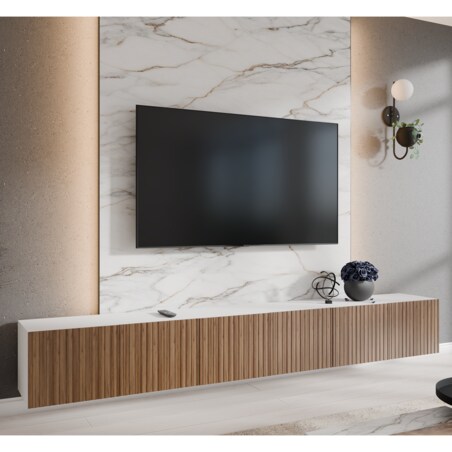 Szafka RTV RIO 300 cm zamknięta pod telewizor, ryflowana- biała+katania