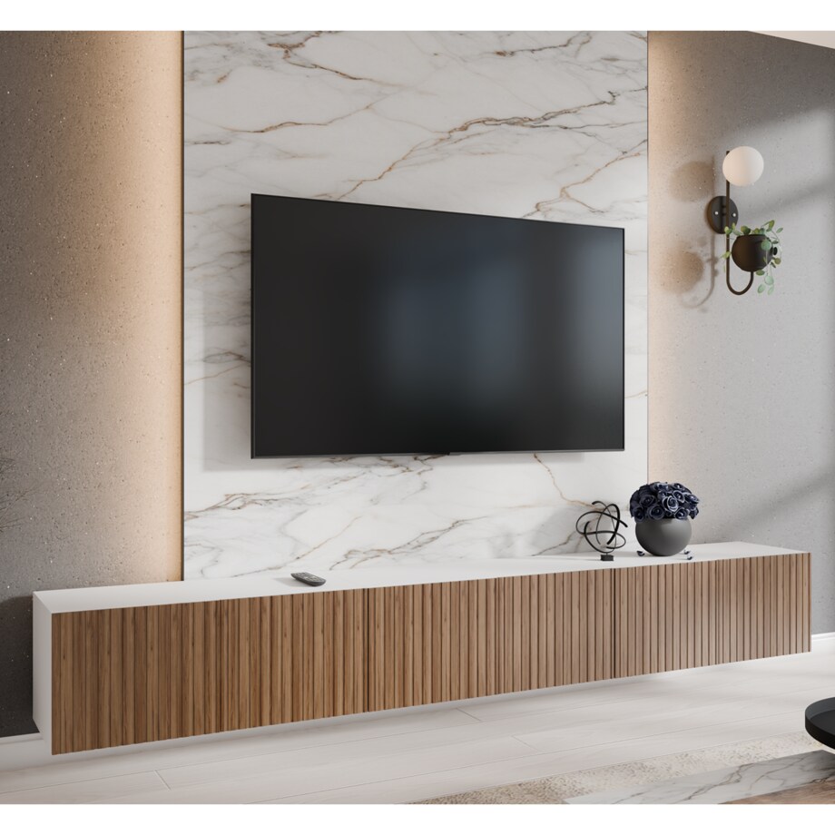 Szafka RTV RIO 300 cm zamknięta pod telewizor, ryflowana- biała+katania