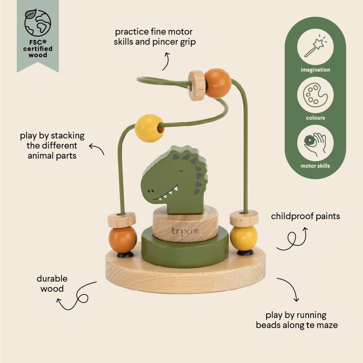 Labirynt z drewnianymi koralikami - Dinozaur