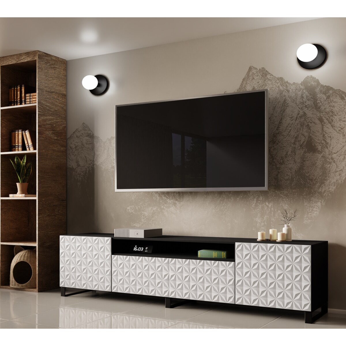 Szafka RTV ALI 200 cm, stojąca ,z ozdobnymi frontami do salonu- frot biały