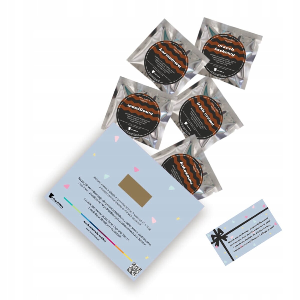 Drobny urodzinowy zestaw prezentowy torebka pudełko z kawą aromatyzowaną - 5 różnych smaków kawy arabica w saszetkach po 10g - prezent dla kobiety faceta