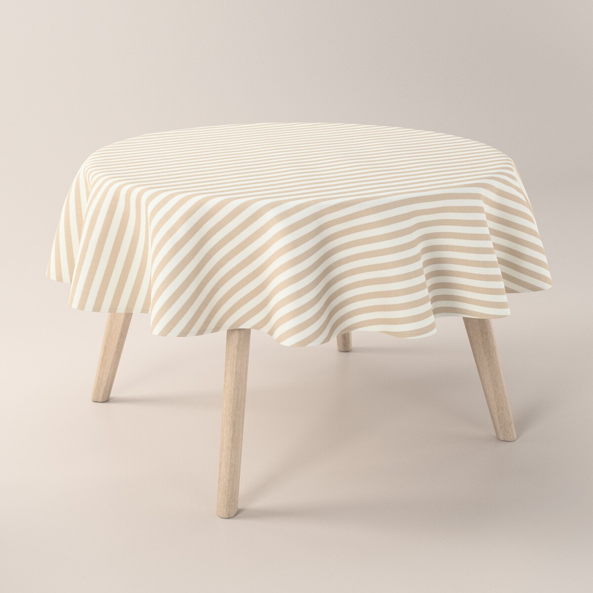 Obrus okrągły 130 x 130 cm beżowo-białe pasy (1,5cm)