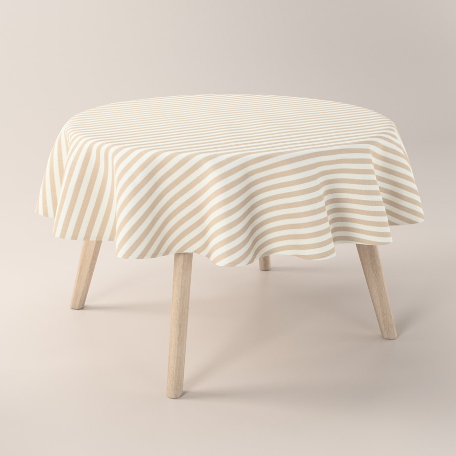 Obrus okrągły 130 x 130 cm beżowo-białe pasy (1,5cm)