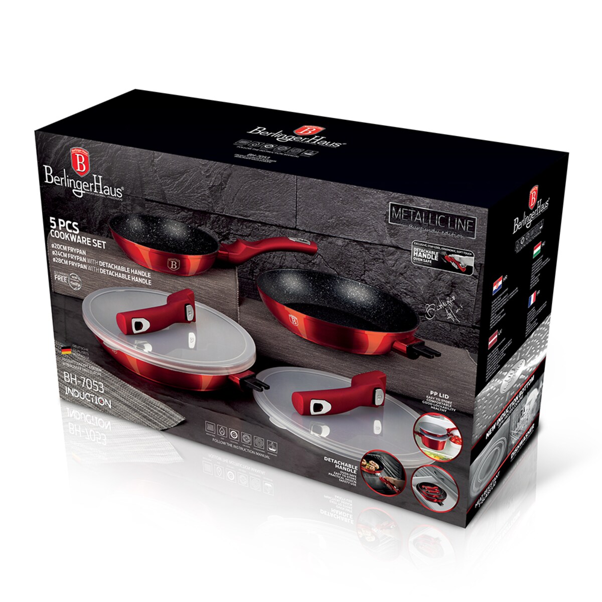 Zestaw 3 patelni z odłączaną rączką czerwony Metallic Line Burgundy BerlingerHaus BH-7053