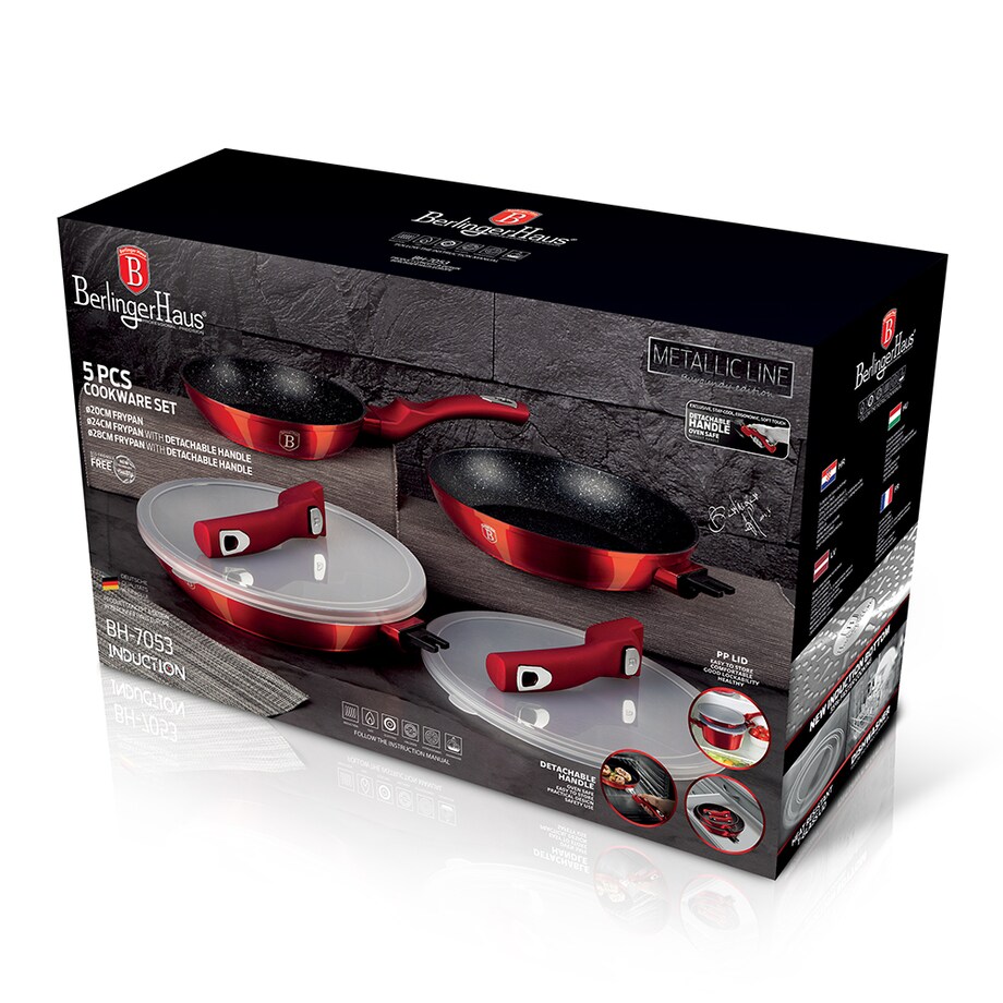 Zestaw 3 patelni z odłączaną rączką czerwony Metallic Line Burgundy BerlingerHaus BH-7053